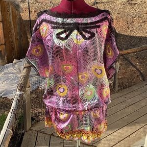 🎉Host Pick🎉NWOT Silk Custo Barcelona Peacock Feather Tunic Sz M Boho Tribal